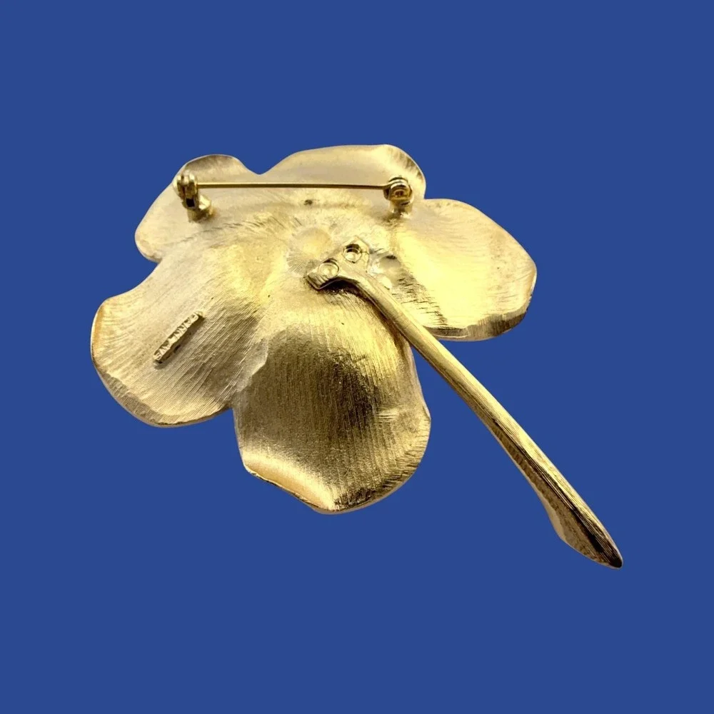 Park Lane Flower Brooch Pearl Cream Enamel Gold Tone Black Rhinestones Vintage - Picture 5 of 7